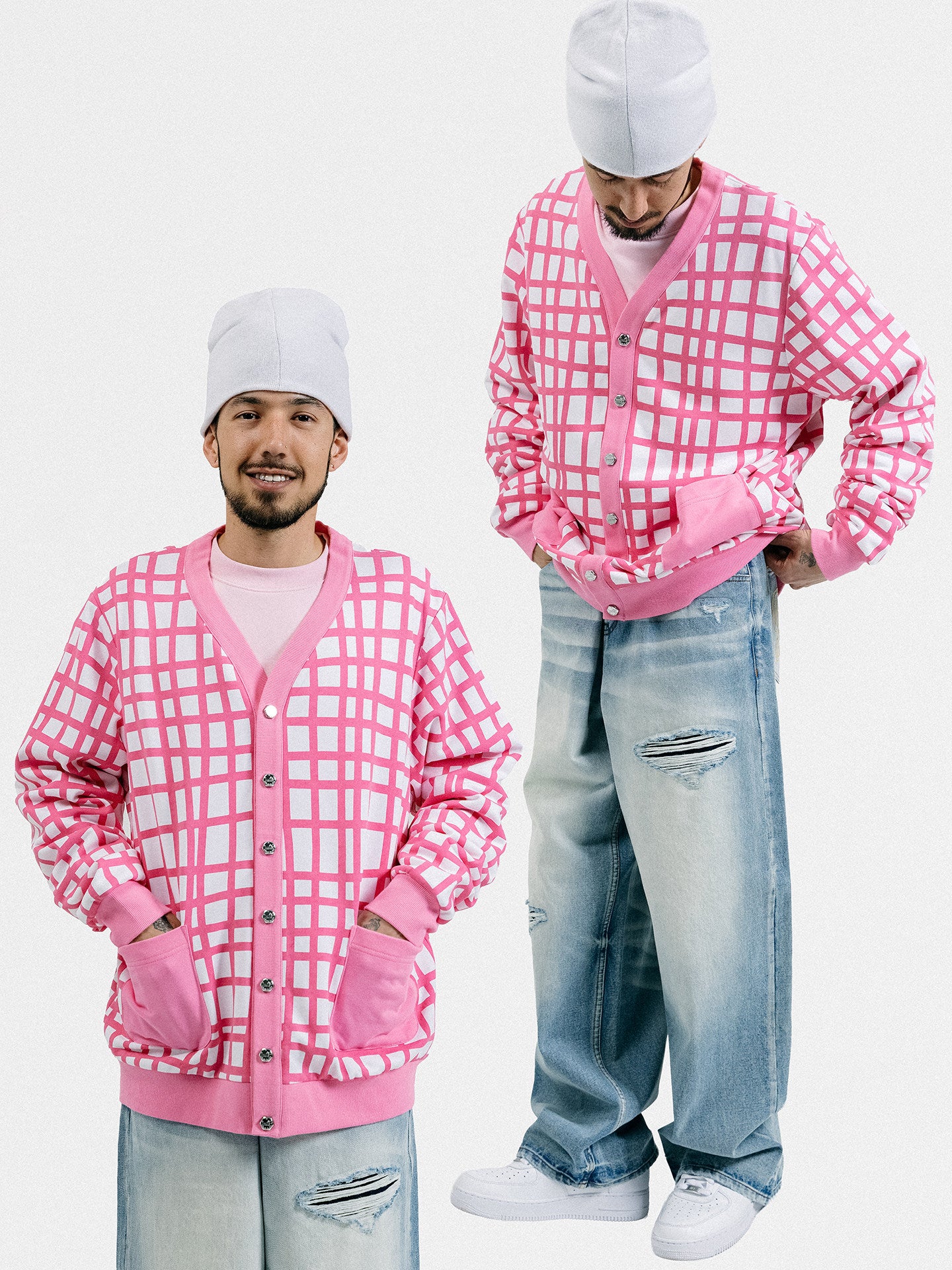 GRAF&WU Bold Grid Print Cardigan Unisex Relaxed Streetwear