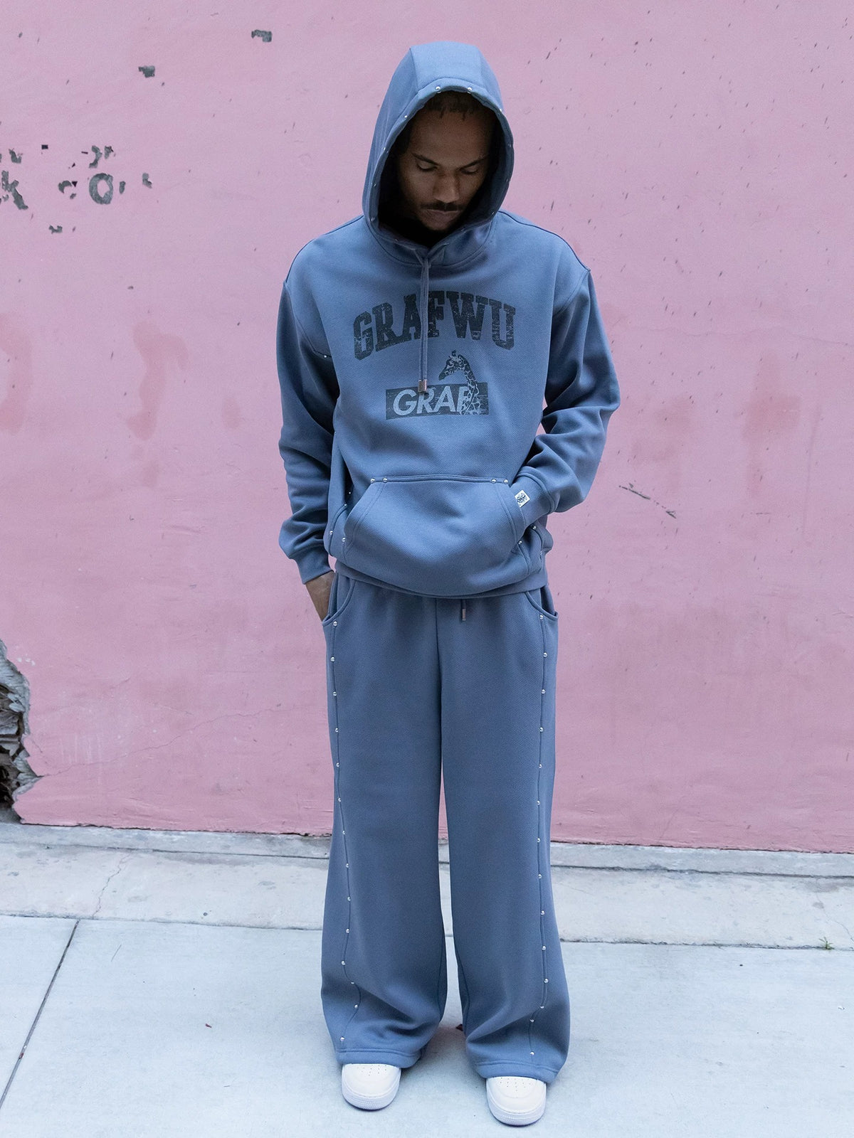 GRAF&WU Studded Design Streetwear Casual Fleece Trousers