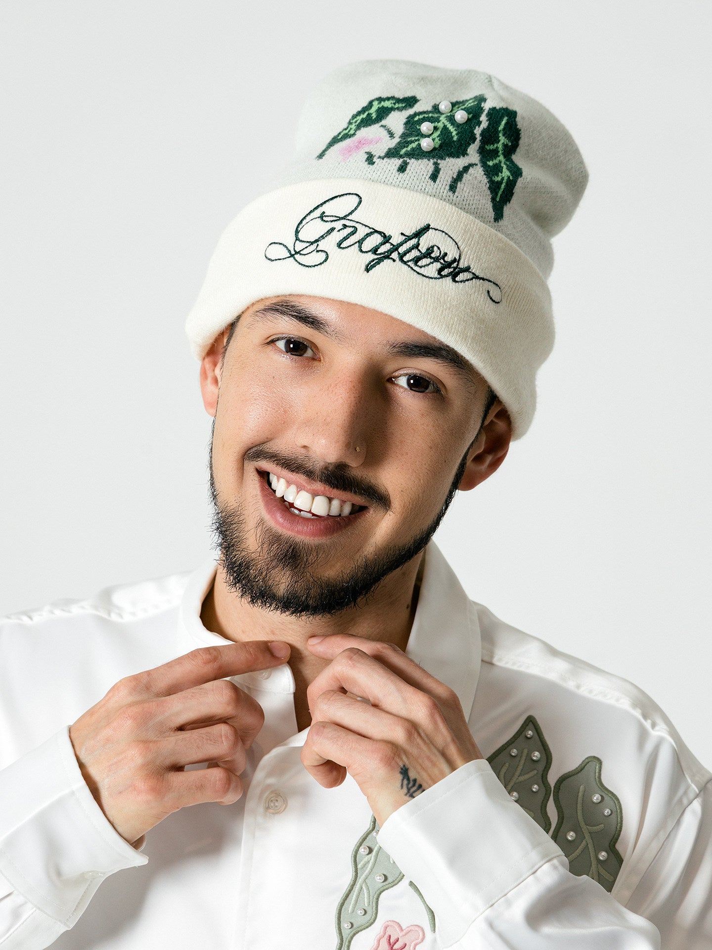 GRAF&WU Tropical Green Plant Sewn Pearl Letter Embroidery Wool Beanie | Winter Knit Hat