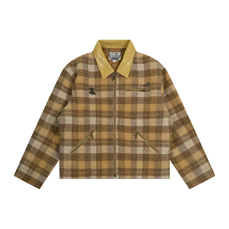 GRAF&WU Leather Collar Luxury Wool Retro Plaid Detroit Jacket