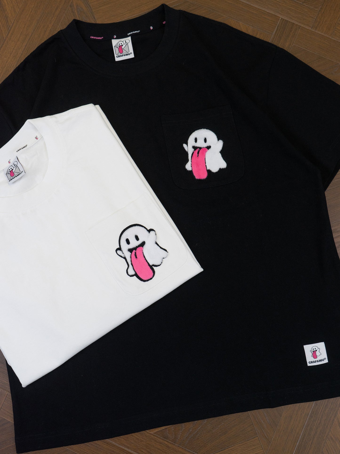 GRAF&WU Plush Cute Ghost Character Pattern Pocket T-shirt