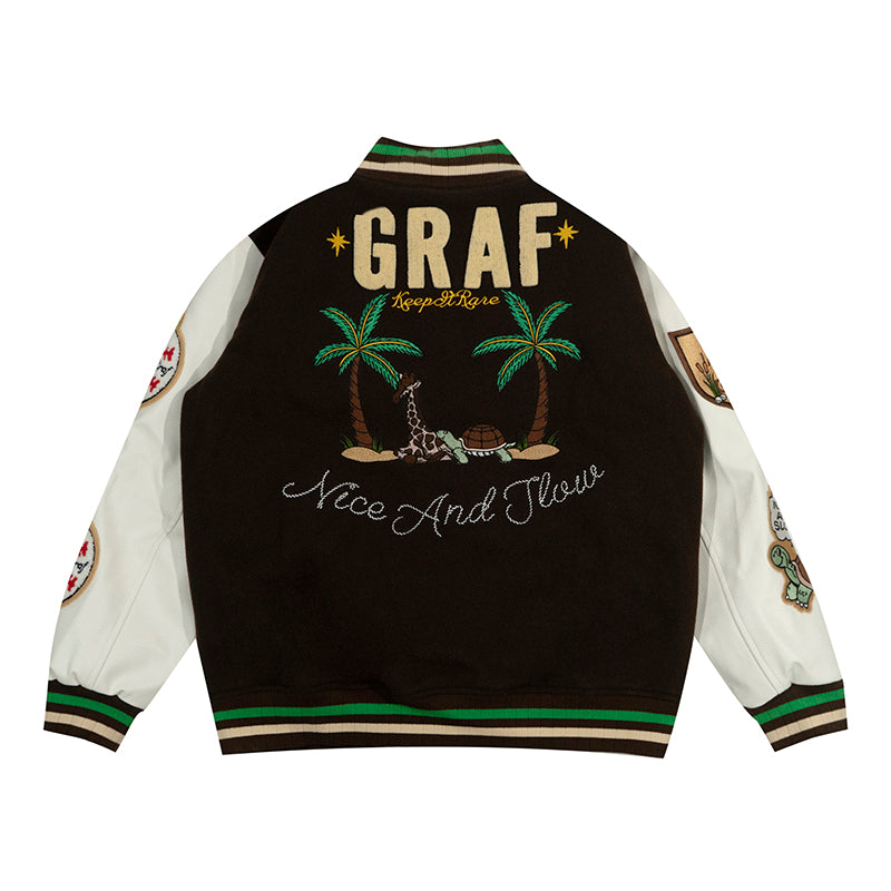 GRAF&WU Turtle Deer Race Leather Sleeved Retro Baseball Jacket - Premium Streetwear