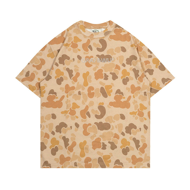 GRAF&WU Rhinestone Letter Design Streetwear Camouflage T-shirt