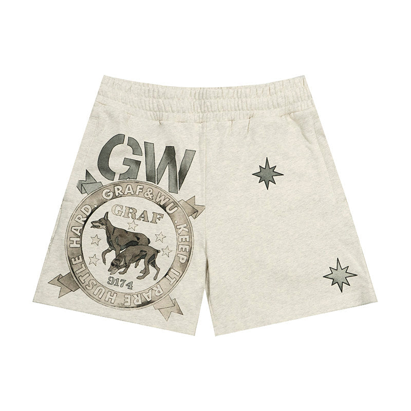GRAF&WU Vintage Floral Giraffe Goddess Blessing Print Athletic Shorts