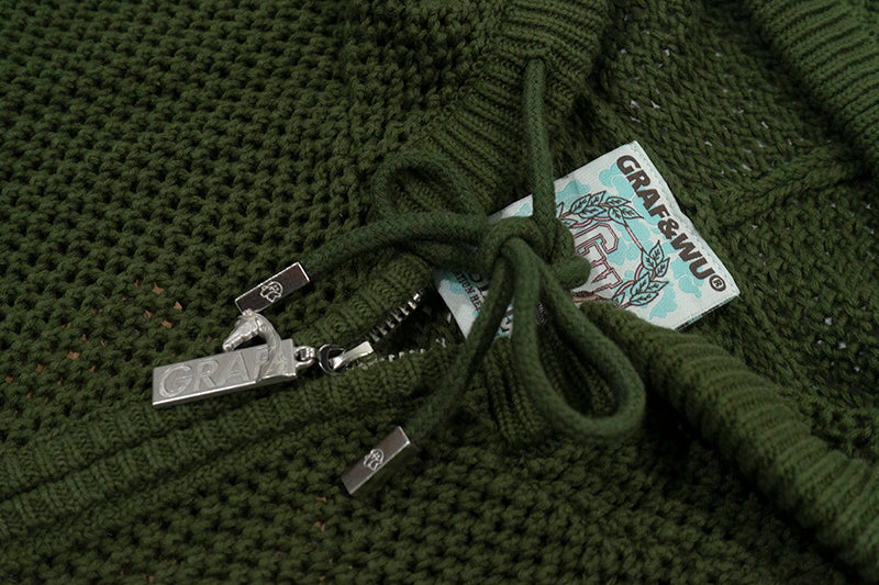 GRAF&WU Trust In GRAF Floral Embroidered Openwork Loose Hooded Zip-up Knit Sweater