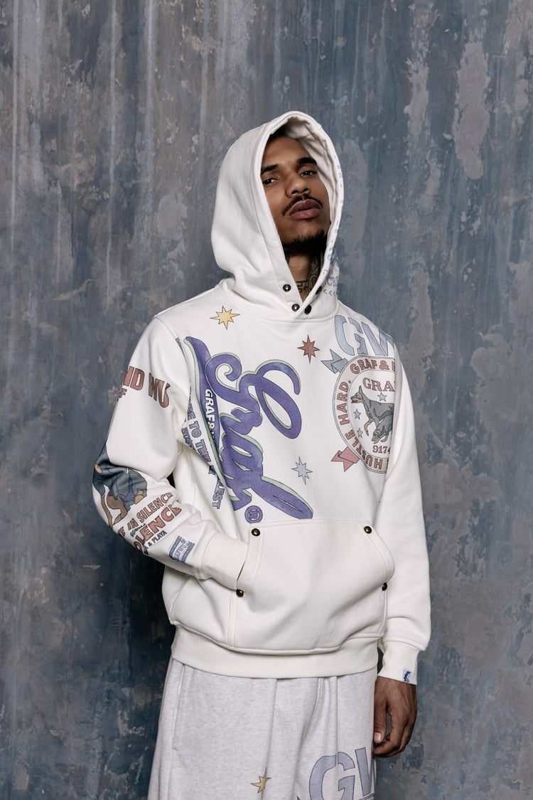 GRAF&WU Fallen Leaves Floral Letter Brass Button Fleece Hoodie