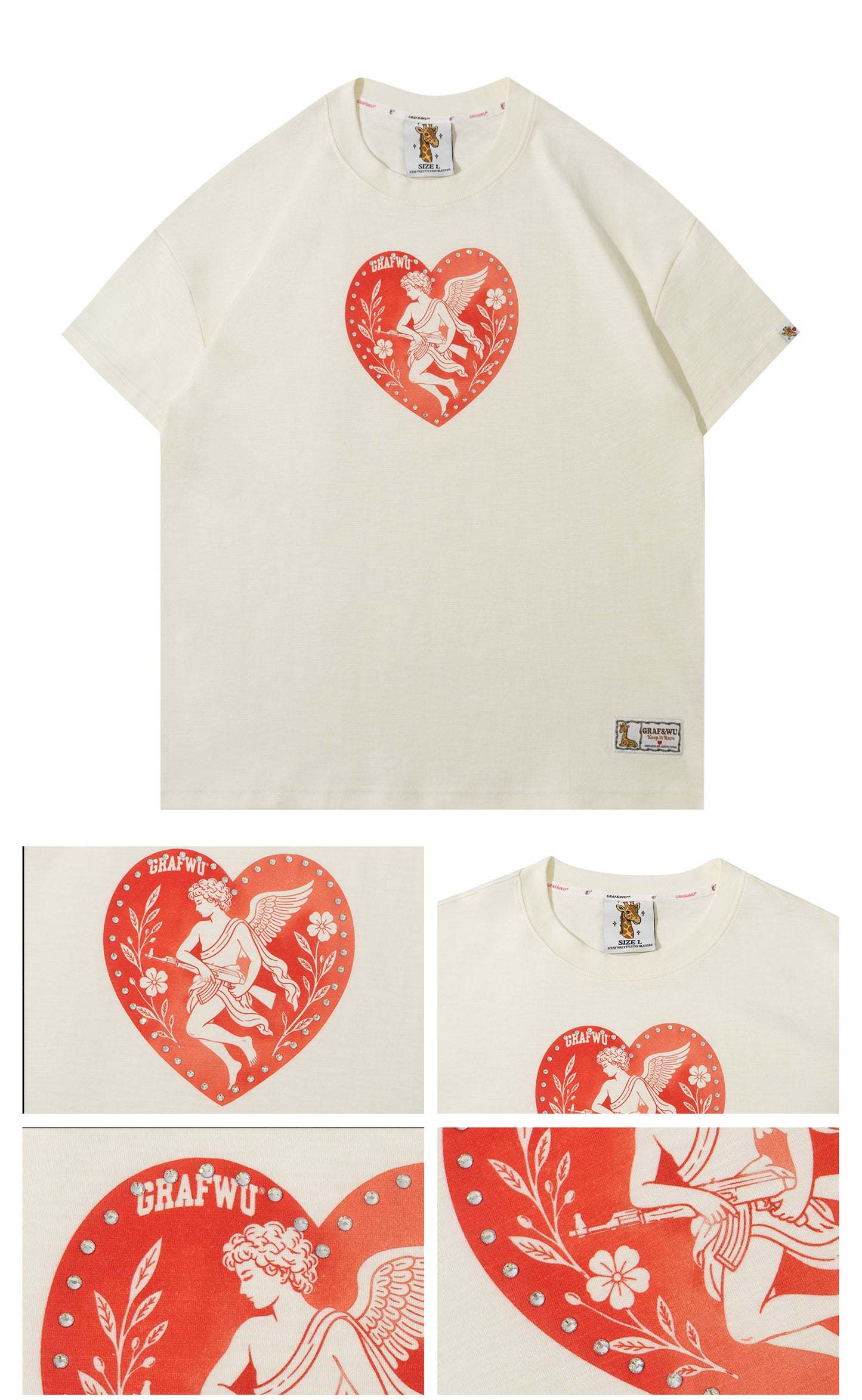 GRAF&WU AK47 Greek Angel Rhinestone Shiny Heart T-Shirt