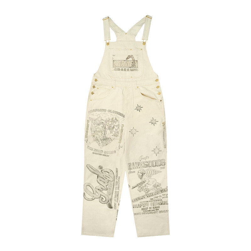 GRAF&WU Vintage Distressed Floral Giraffe Goddess Blessing Barn Canvas Overalls