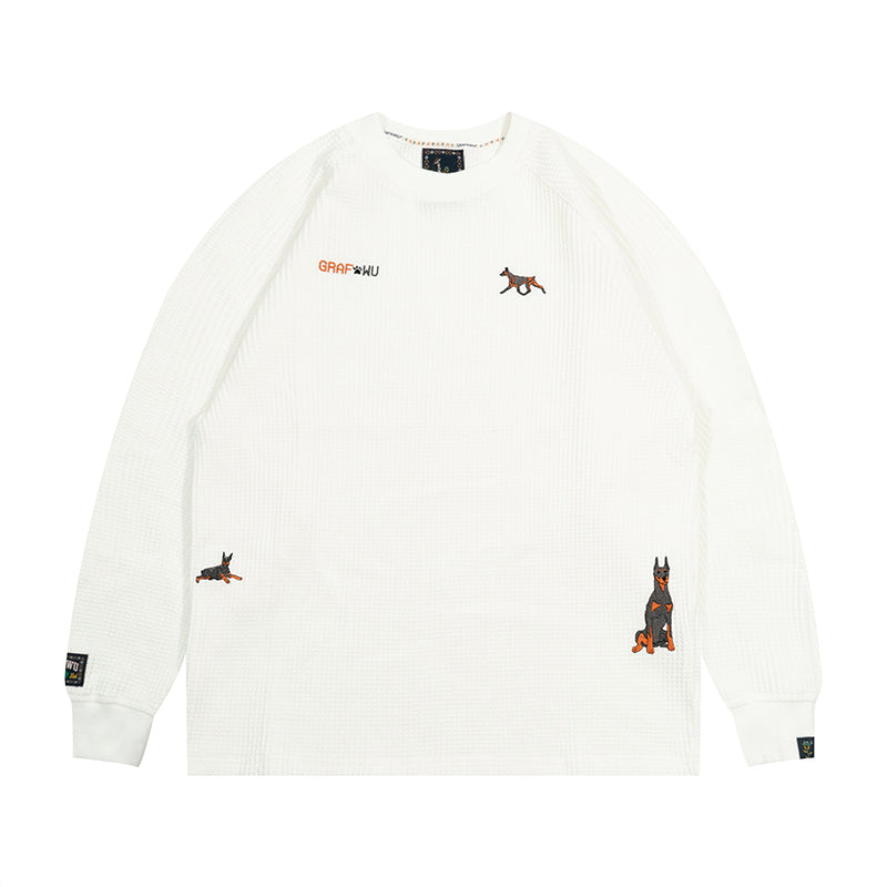 GRAF&WU Running Doberman Embroidery Waffle Cotton Long Sleeve Shirt