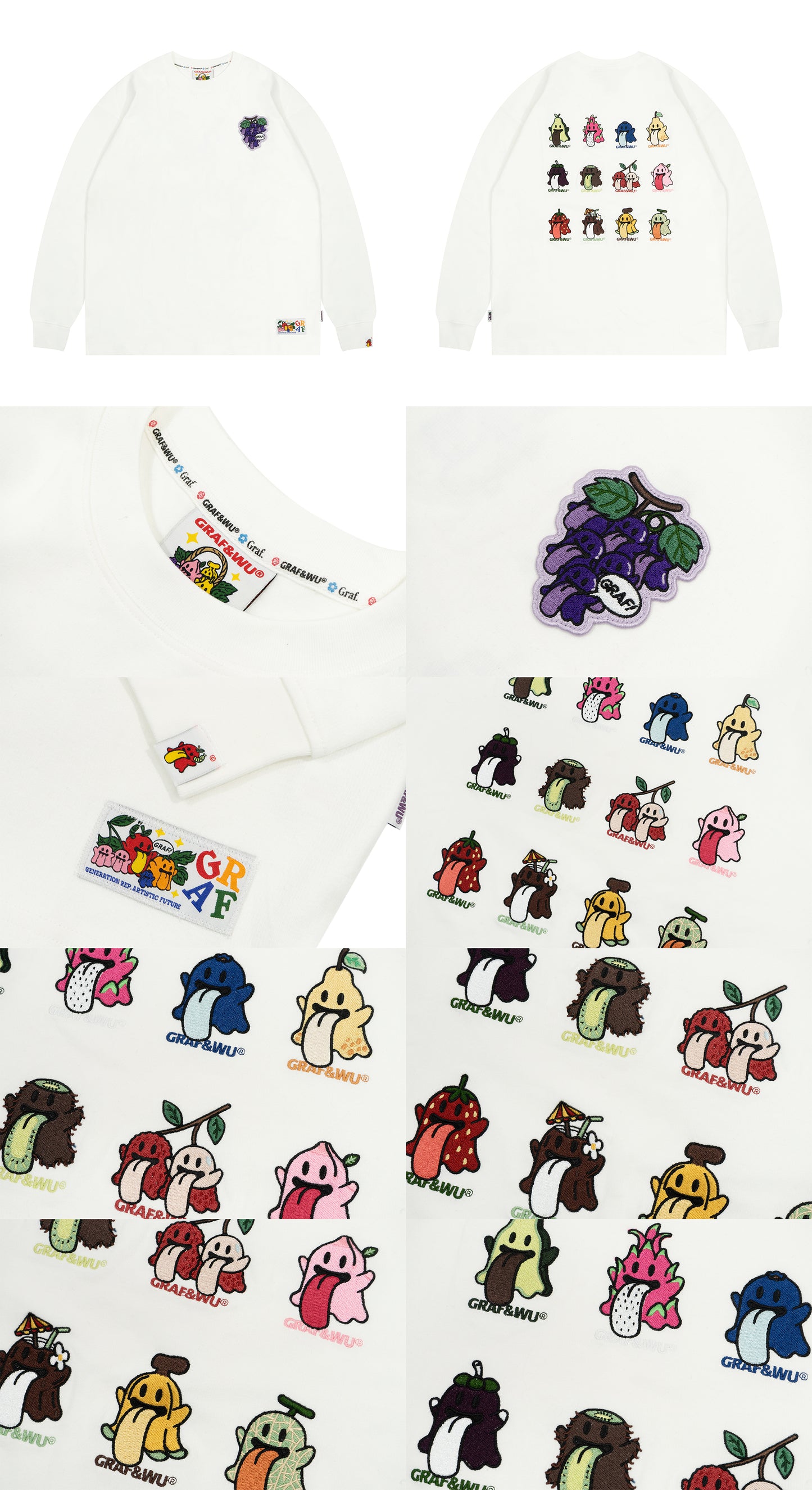 GRAF&WU Fruit Party 12 Fruit Cute Ghosts Embroidery Long-sleeves Shirt