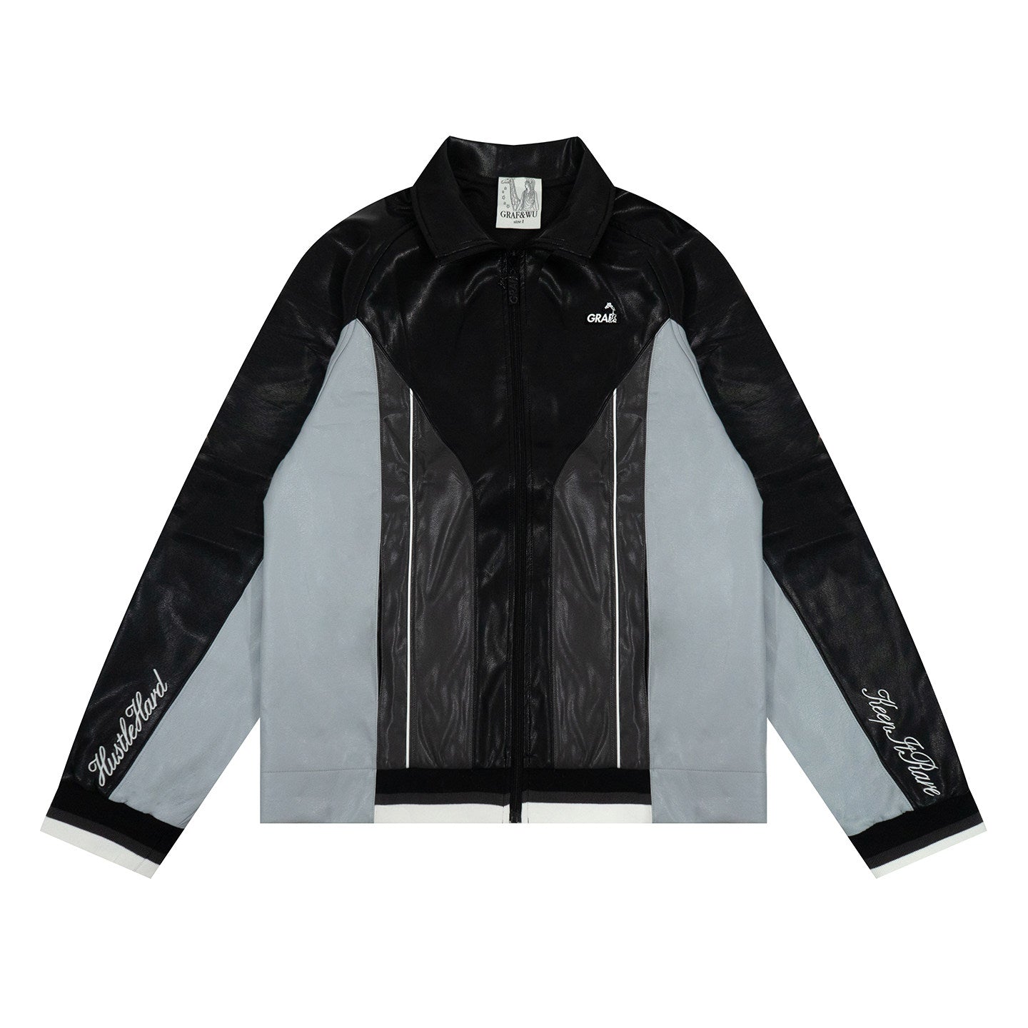 GRAF&WU Retro PU Leather Patchwork Black Warrior Sports Jacket