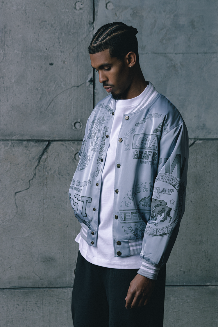 GRAF&WU Vintage Floral Giraffe Goddess Blessing Graphic Satin Thin Baseball Jacket