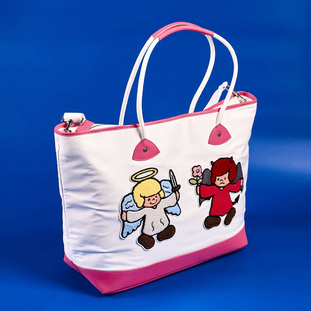 GRAF&WU Angel Devil Chenille Embroidery Oversized Canvas Tote Bag