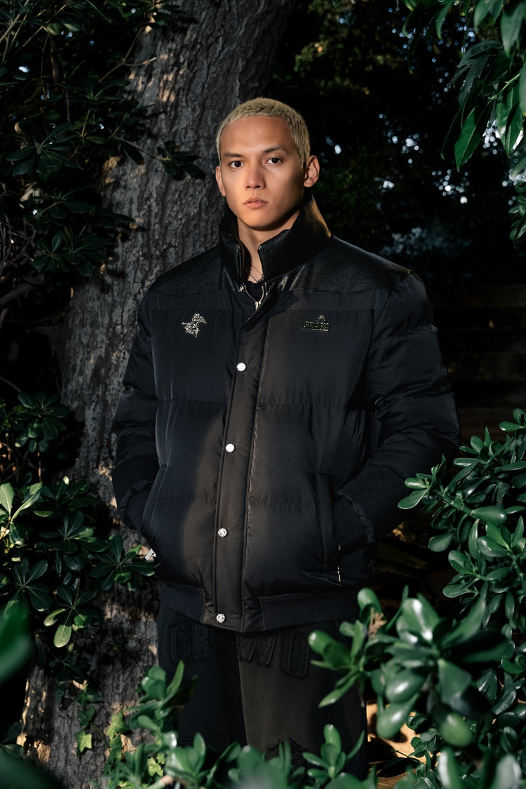 GRAF&WU Metal AK47 Angel Deer Logo PU Leather Collar Down Jacket