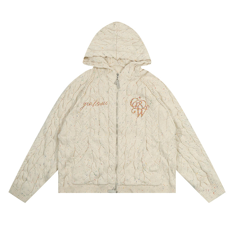 GRAF&WU Embroidered Twist Yarn Colorful Speckled Blended Zip Knit Coat