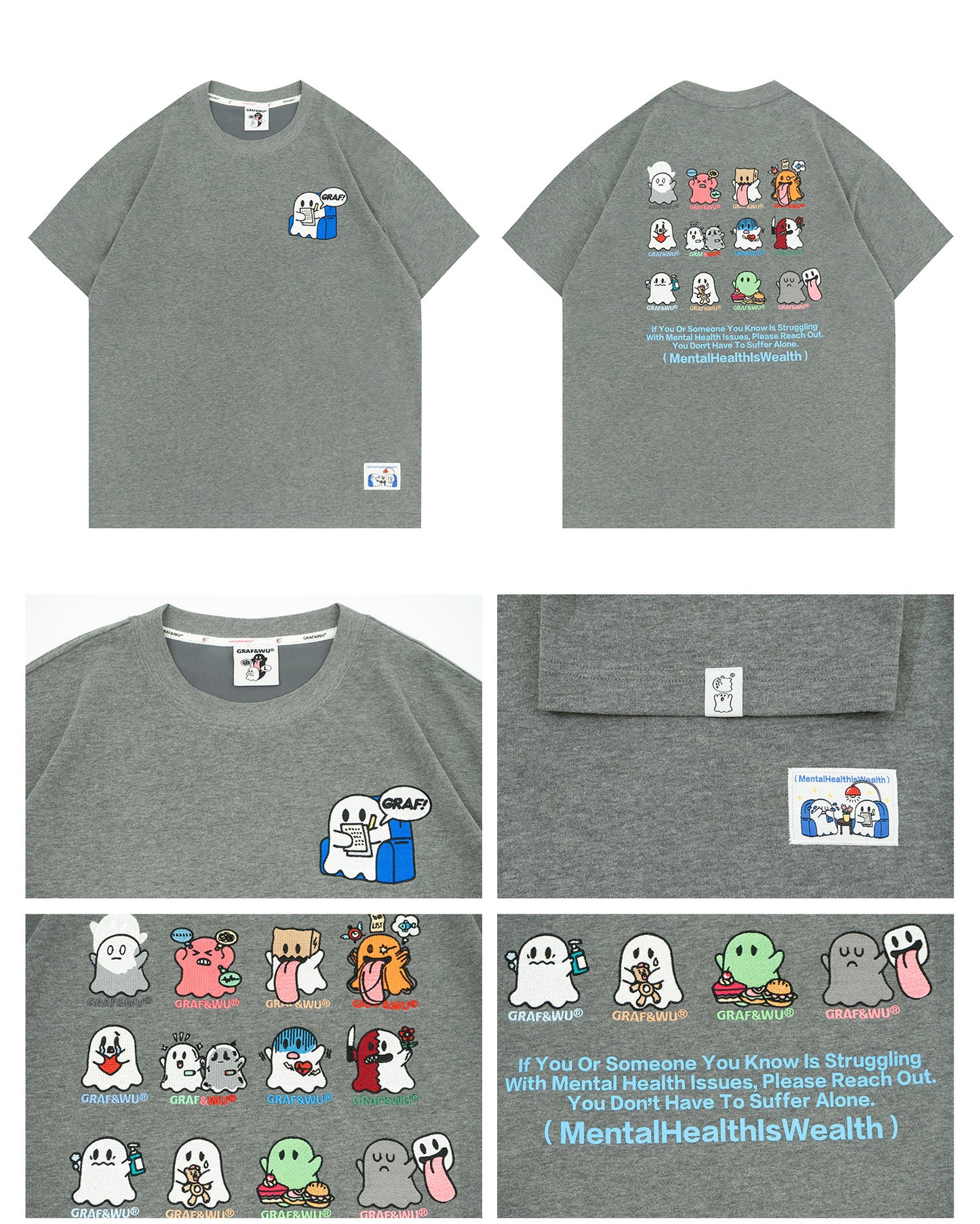 GRAF&WU 12 Mental Healing Cute Ghost Characters T-shirts