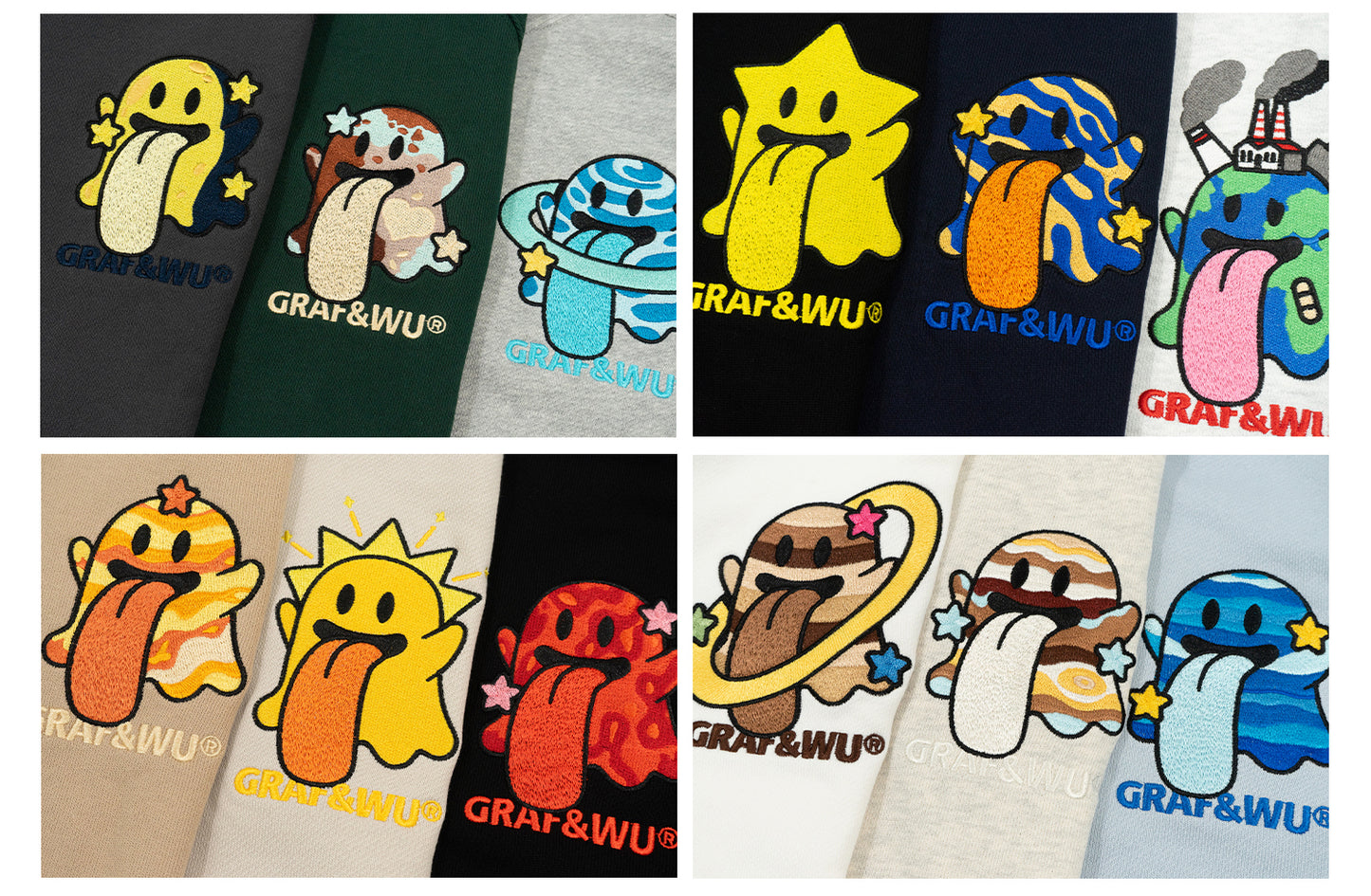 GRAF&WU Solar System Planet Cute Ghost Embroidered Zip-up Hoodie