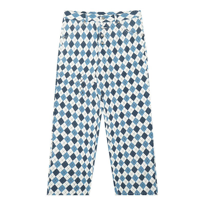 GRAF&WU North Carolina Blue Giraffe Diamond Pattern Denim Washed Cargo Pants