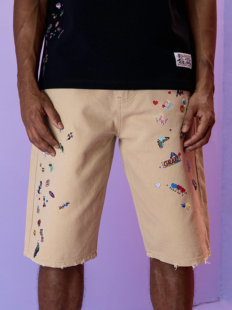 GRAFWU Y2K Sticker Pattern Brand Logo Shorts