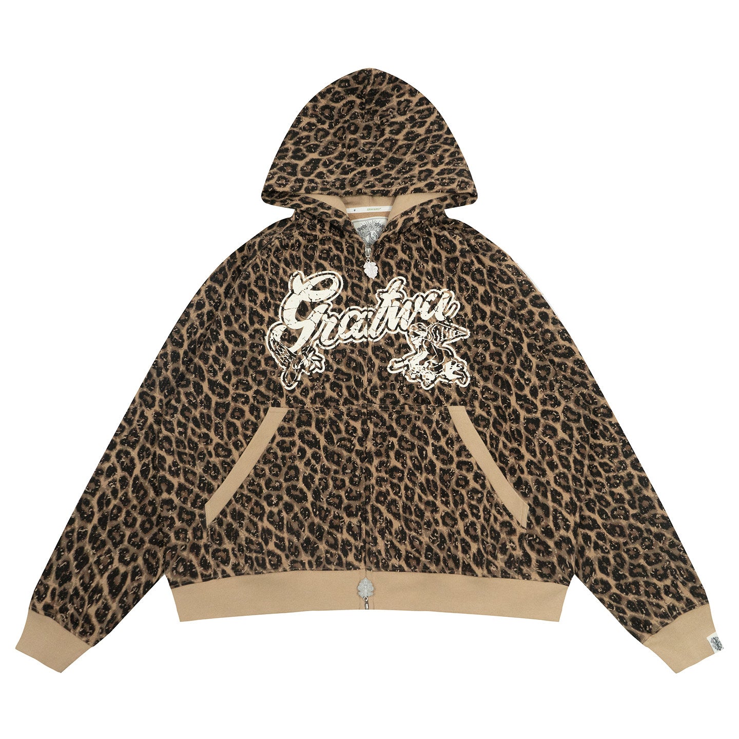 GRAF&WU Vintage Worn-in Leopard Print AK Angel Zipper Hoodie