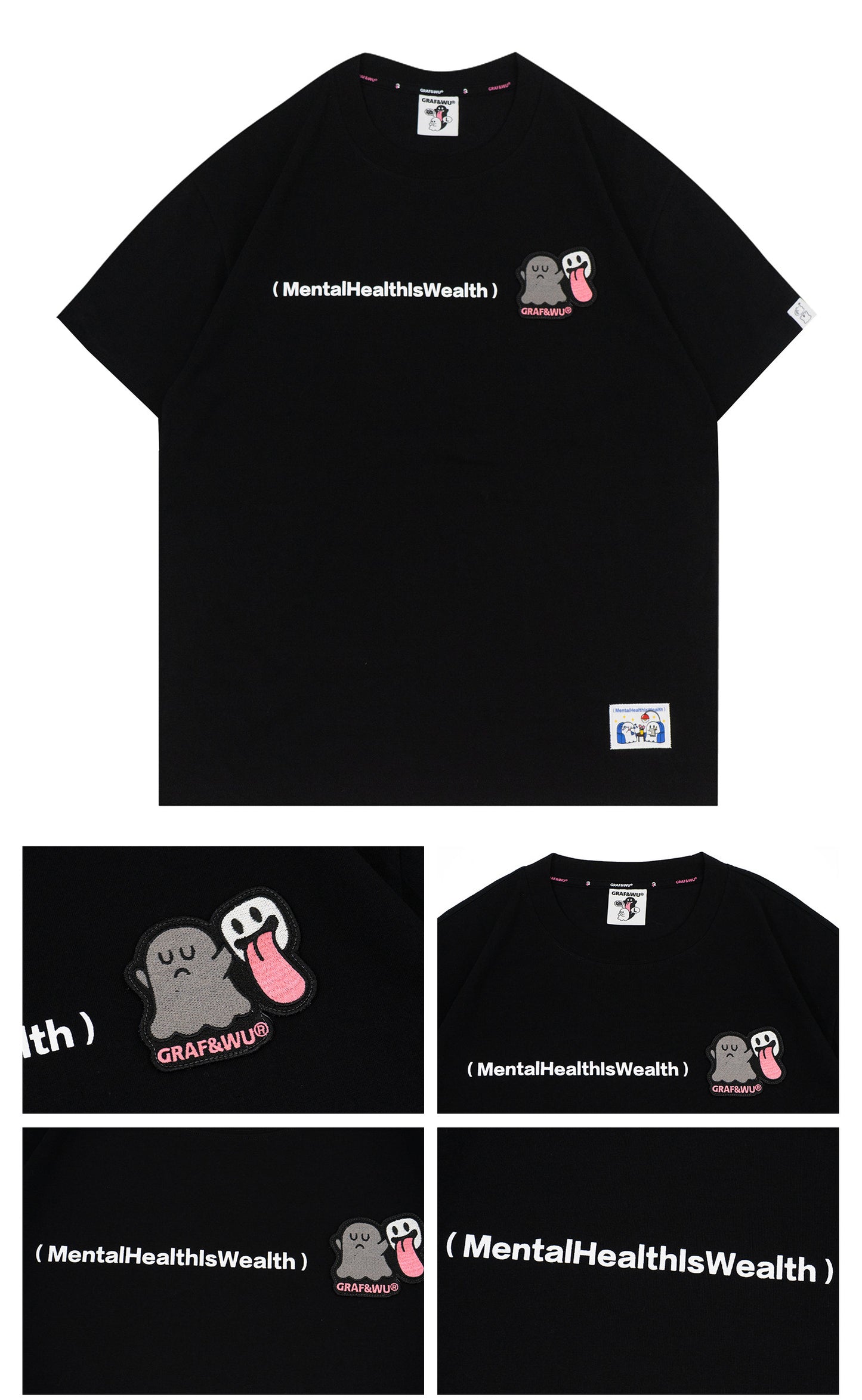 GRAF&WU Mental Health Series Cute Ghost Embroidery Graphic T-Shirt