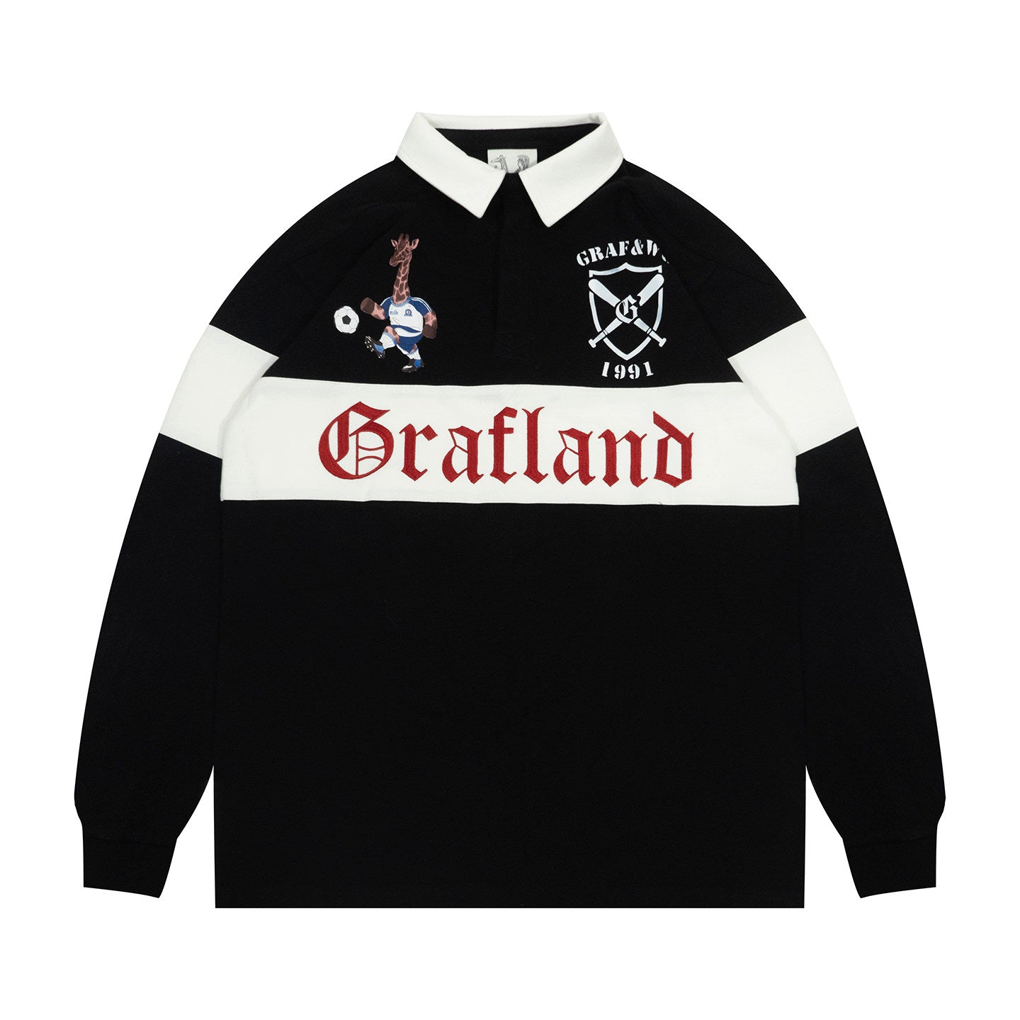 GRAF&WU Vintage Giraffe Football Polo Collar Long-sleeve Shirt - Retro Streetwear