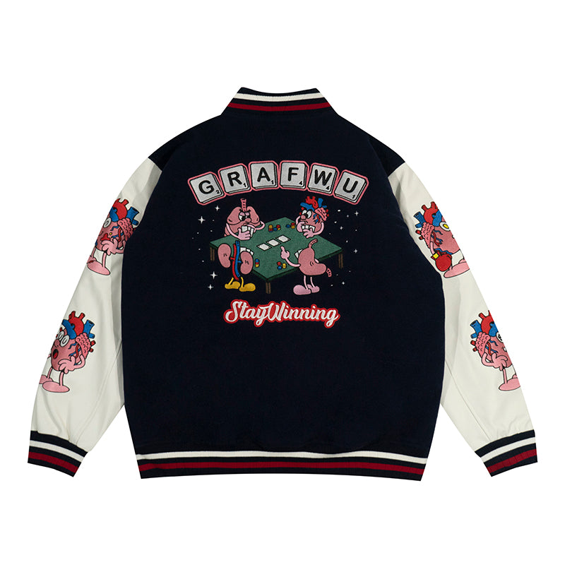 GRAF&WU Viscera Party Embroidery Leather Sleeved Woolen Retro Baseball Jacket