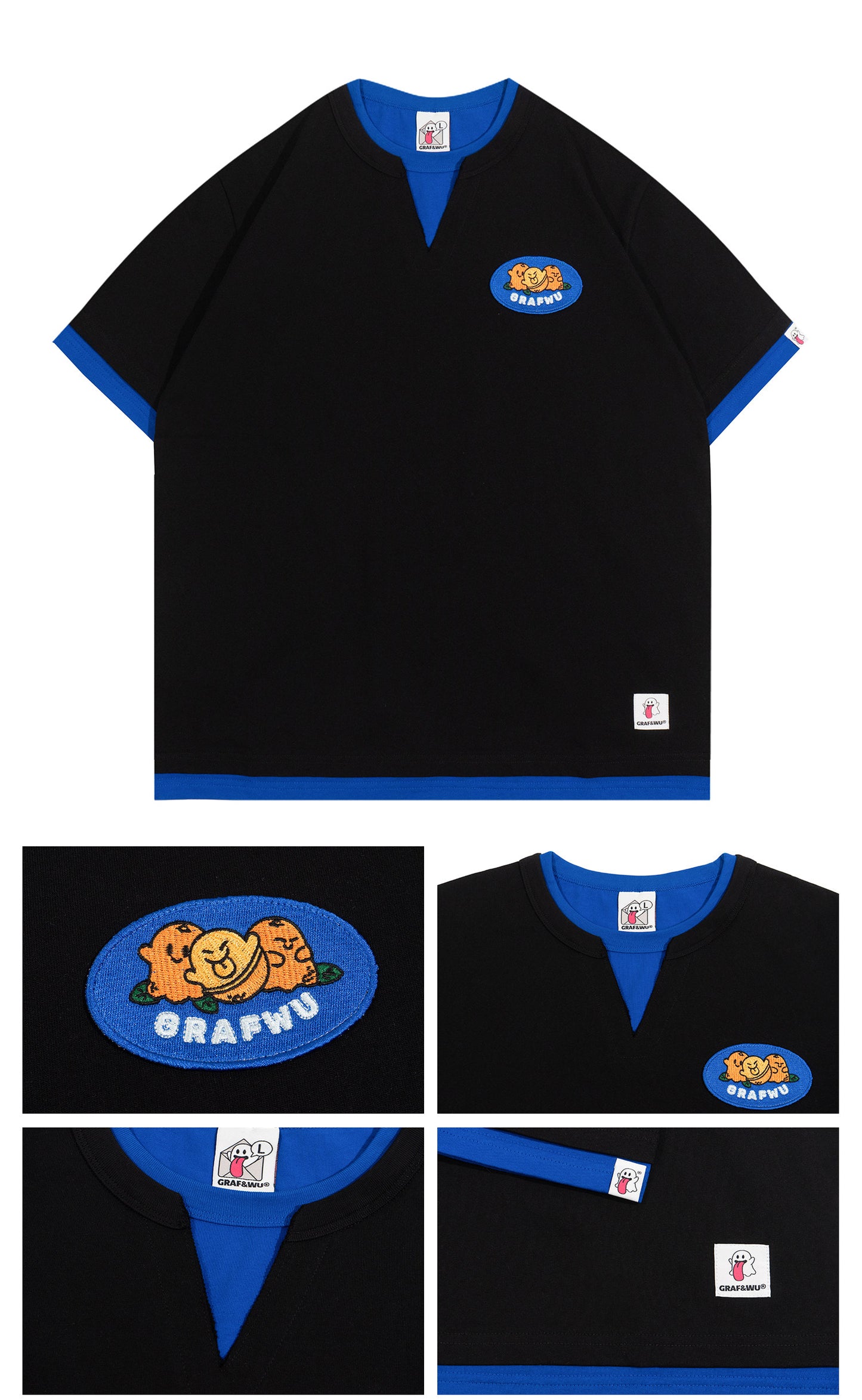 GRAF&WU Vintage Fake Two-Piece Notch Crew Neck T-Shirt