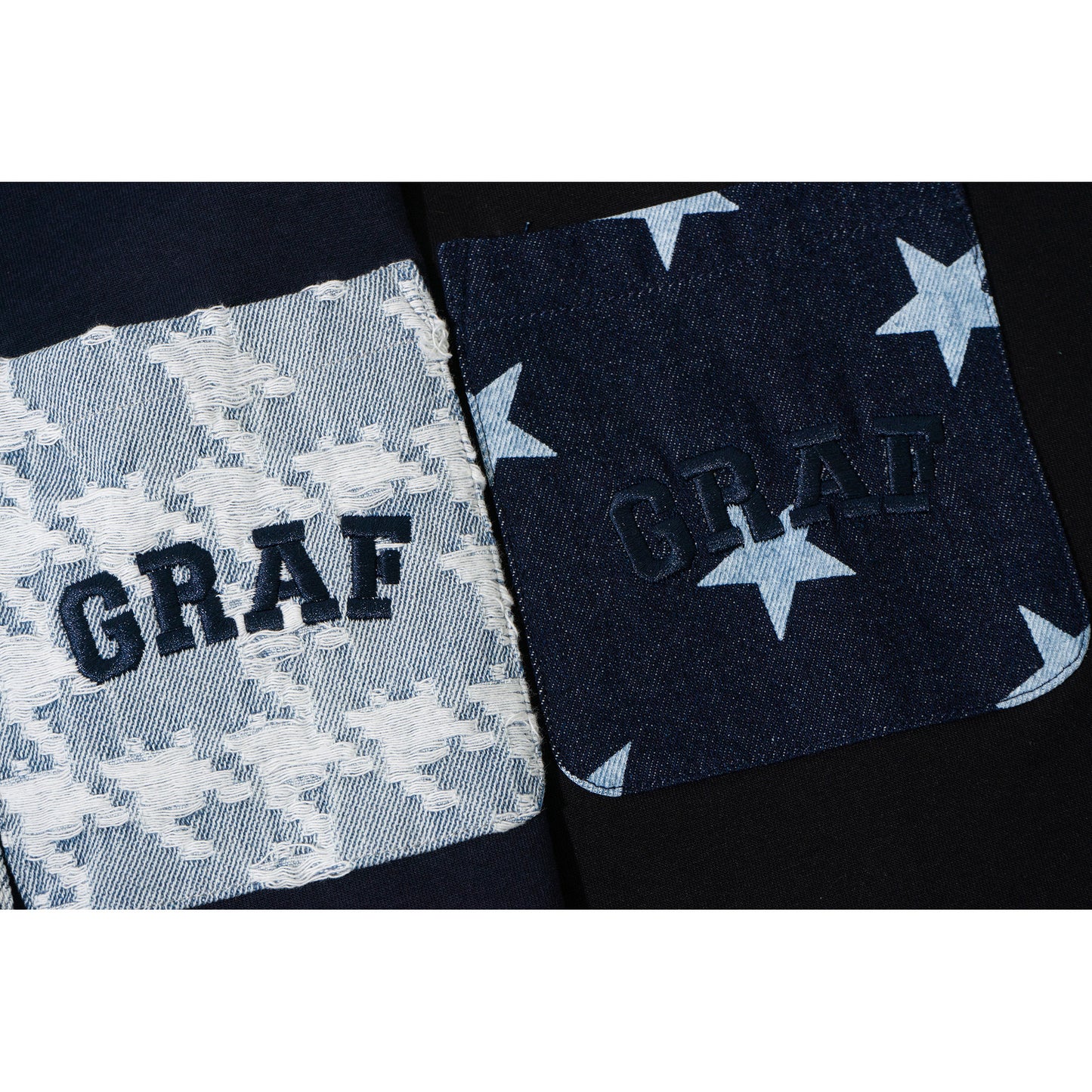 GRAF&WU Washed Houndstooth Star Pattern Denim Pocket Cotton T-shirt