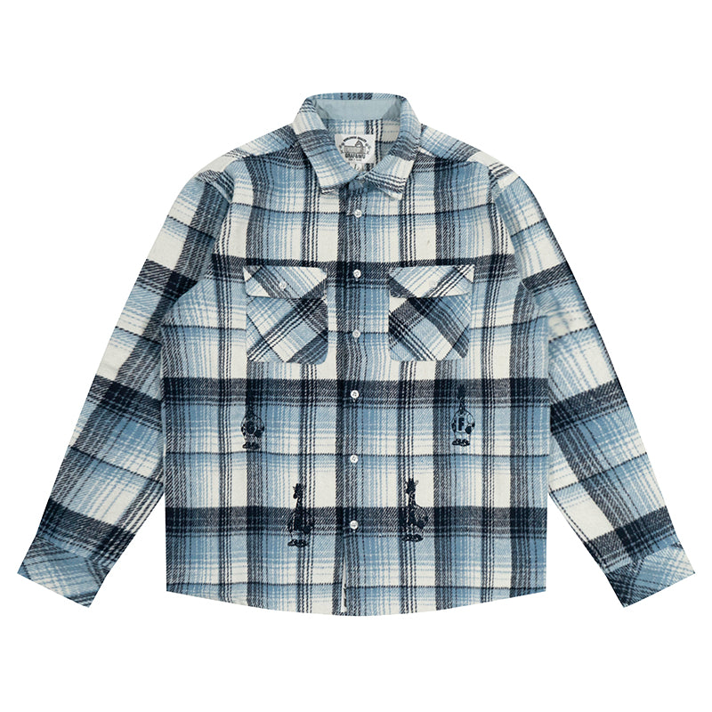 GRAF&WU Porcelain Blue Embroidered Deer Streetwear Loose Thick Shirt