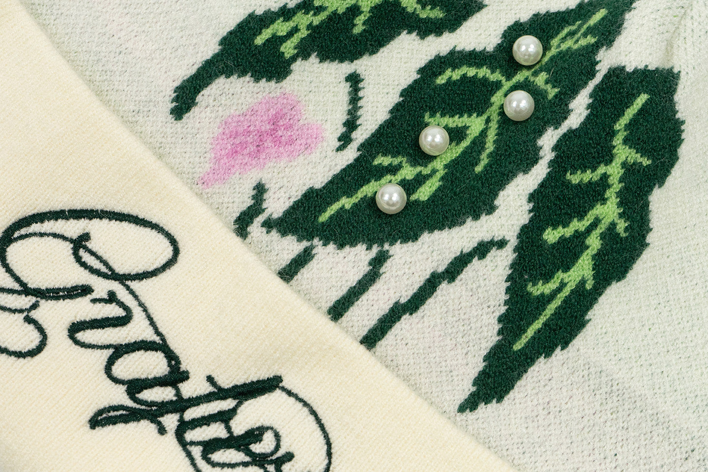 GRAF&WU Tropical Green Plant Sewn Pearl Letter Embroidery Wool Beanie | Winter Knit Hat