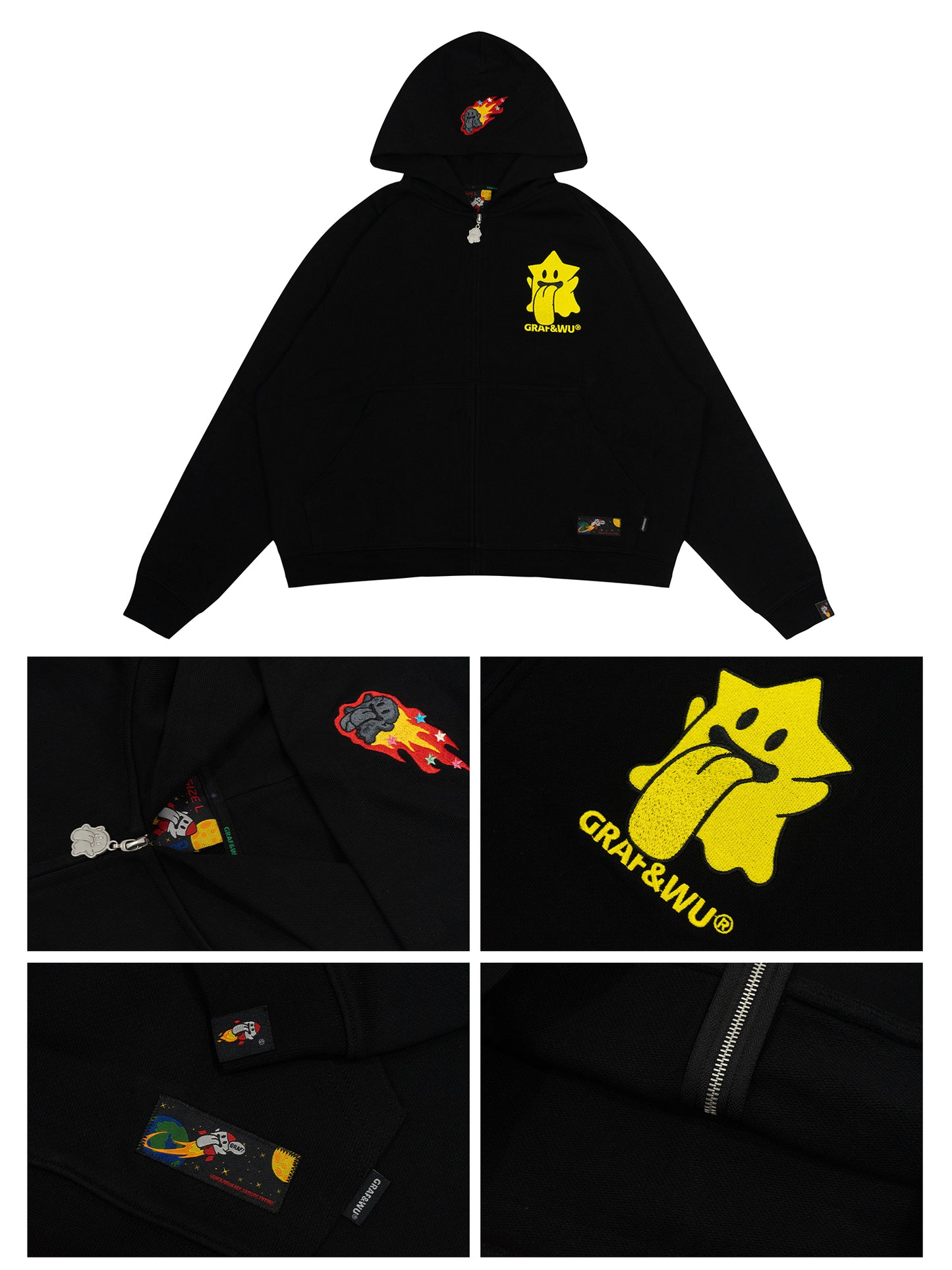 GRAF&WU Solar System Planet Cute Ghost Embroidered Zip-up Hoodie