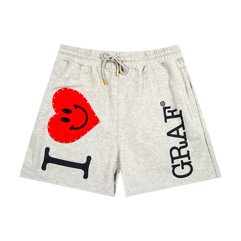 GRAF&WU ILOVEGRAF Smiley Heart Rhinestone Cotton Thick Casual Shorts