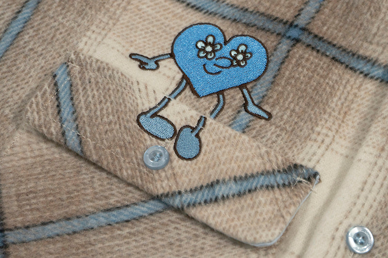 GRAF&WU Plaid 3 LOVE Heart Eembroidery Streetwear Brushed Shirt