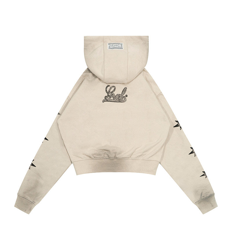 GRAF&WU Vintage Washed Distressed Giraffe Design Cropped Hoodie