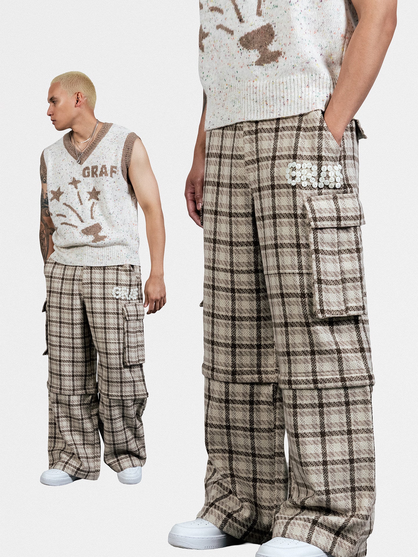 GRAF&WU Hand-sewn Buttons Fashion Design Cargo Wool Trousers