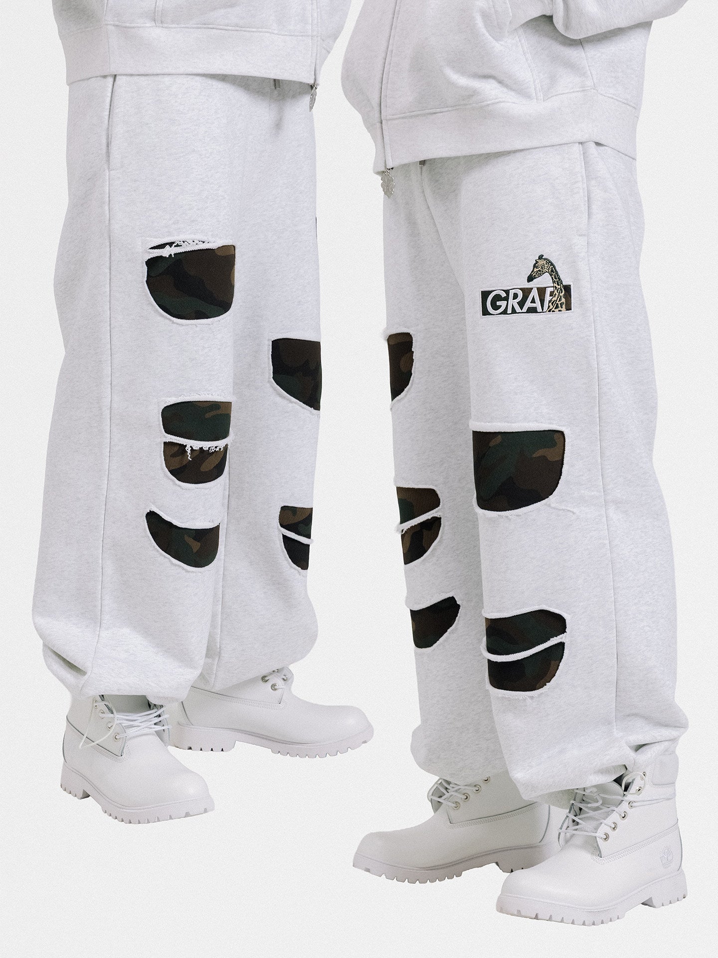GRAF&WU Camouflage Giraffe Ripped Fleece Sweatpants | Distressed Streetwear Joggers