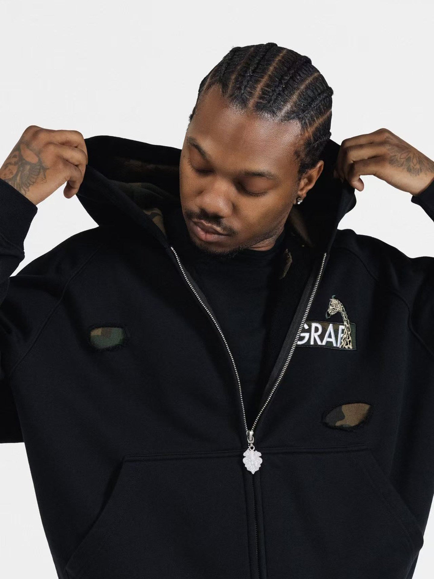 GRAF&WU Camouflage Giraffe Ripped Streetwear Zip-up Hoodie