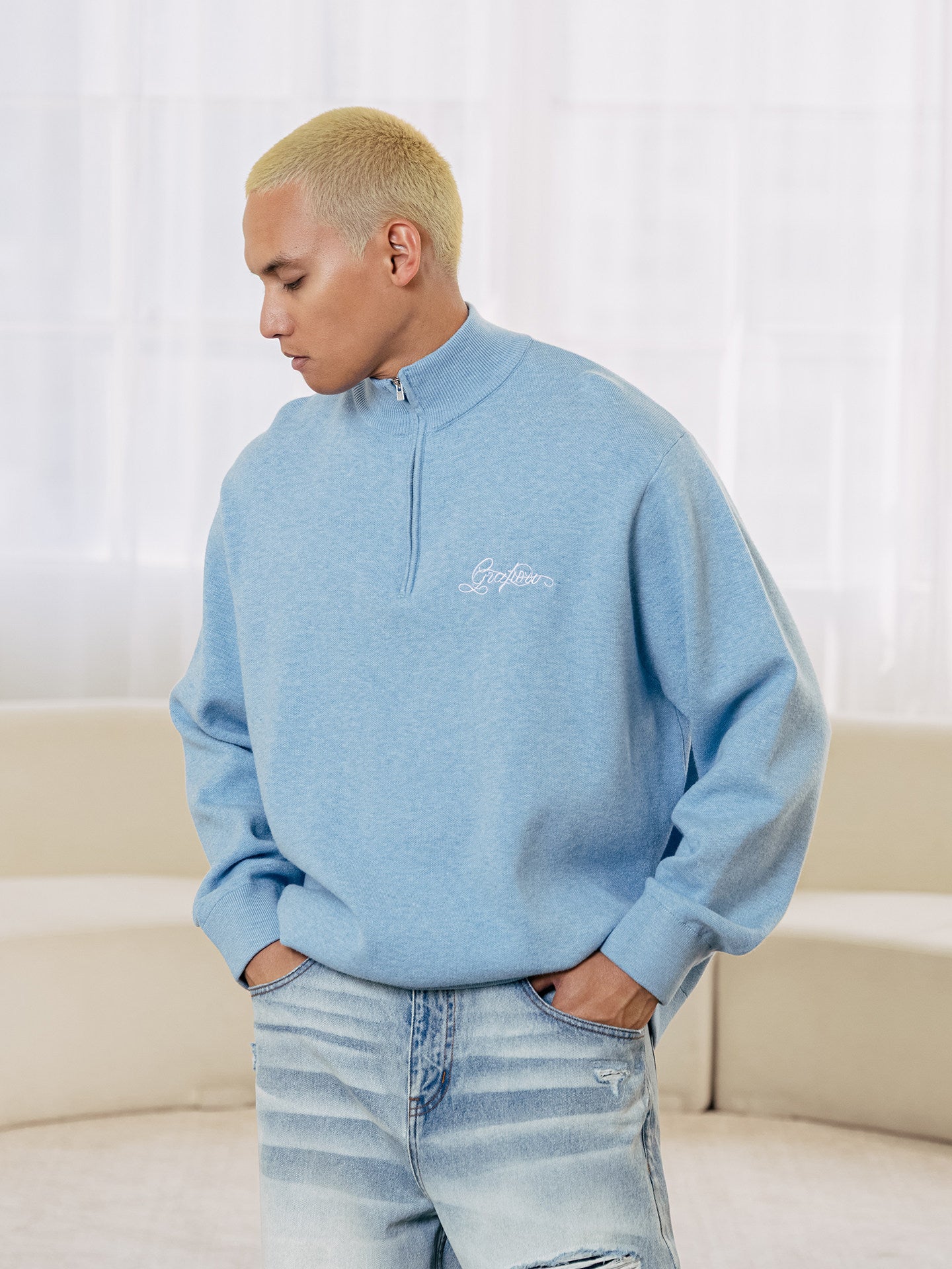 GRAF&WU Letter Embroidery Half-Zip Polo Collar Sweater