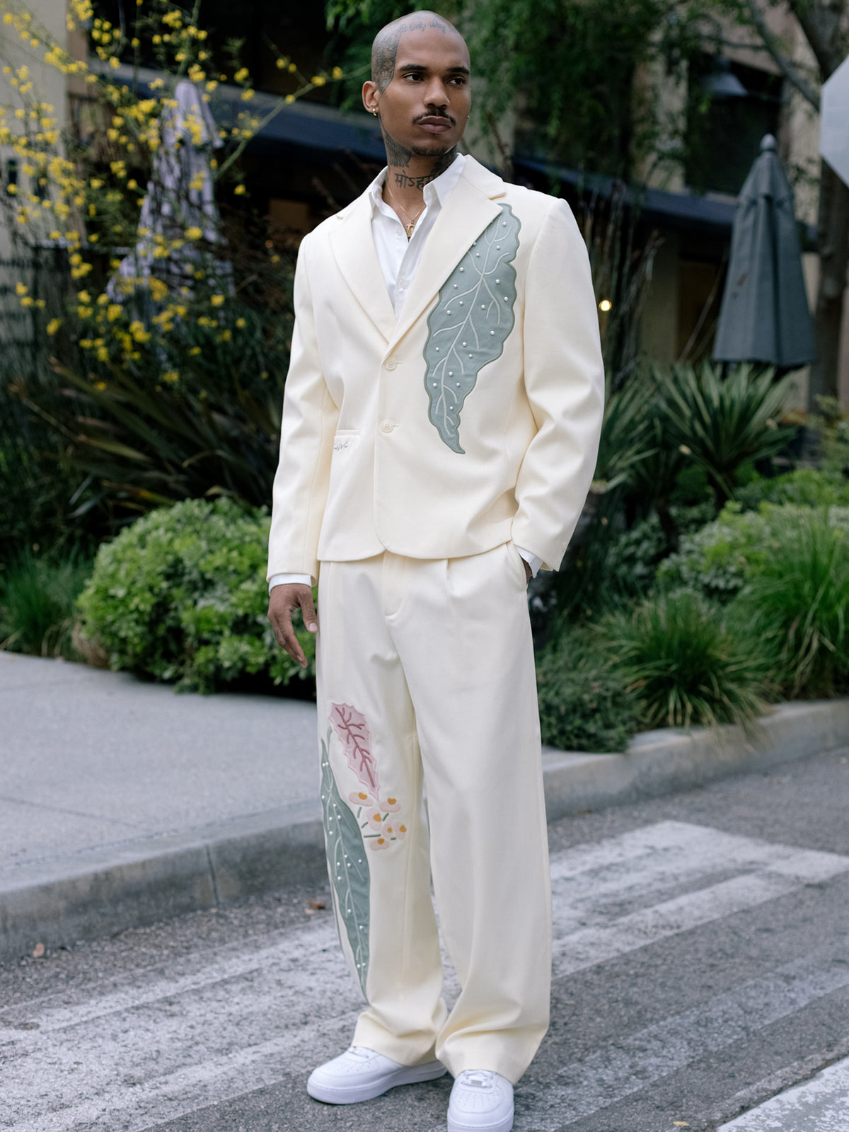 GRAF&WU Art Green Plant-embroidered Luxury Pearl Suit Jacket
