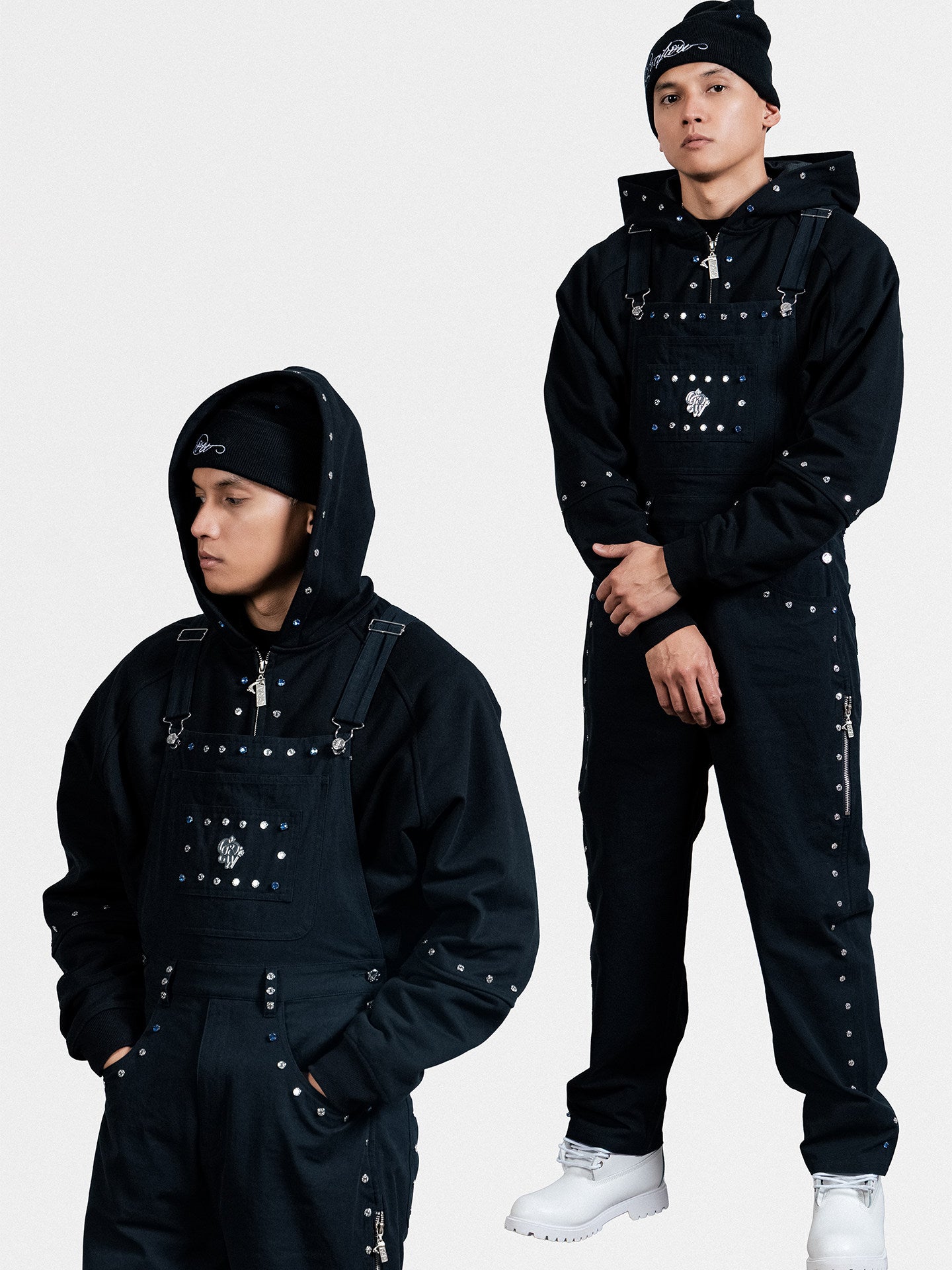 GRAF&WU Fashion Studded Blue Rhinestone Denim Overalls - Bling Streetwear