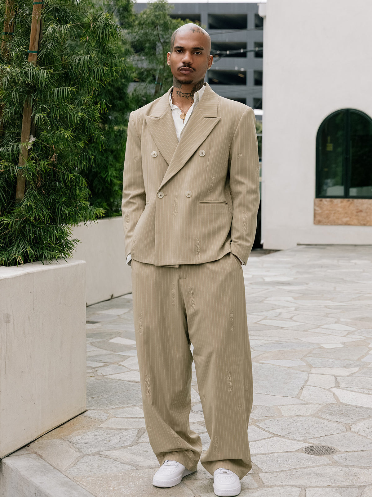 GRAFWU Oversized Pinstripe Double-Breasted Blazer Unisex Neutral Tone Suit