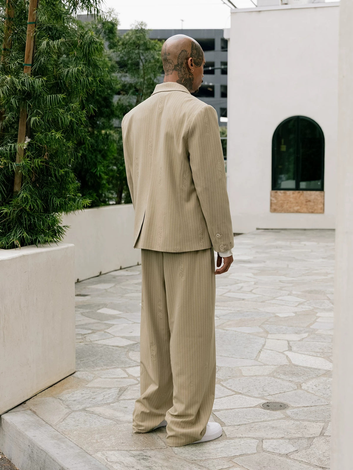 GRAFWU Oversized Pinstripe Double-Breasted Blazer Unisex Neutral Tone Suit