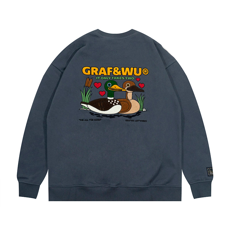 GRAF&WU Ducks Eembroidery Couple Fleece  Crewneck Sweatshirt