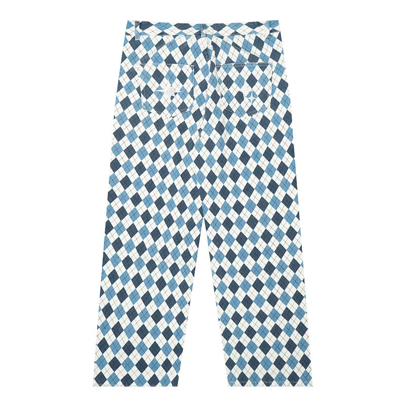 GRAF&WU North Carolina Blue Giraffe Diamond Pattern Denim Washed Cargo Pants