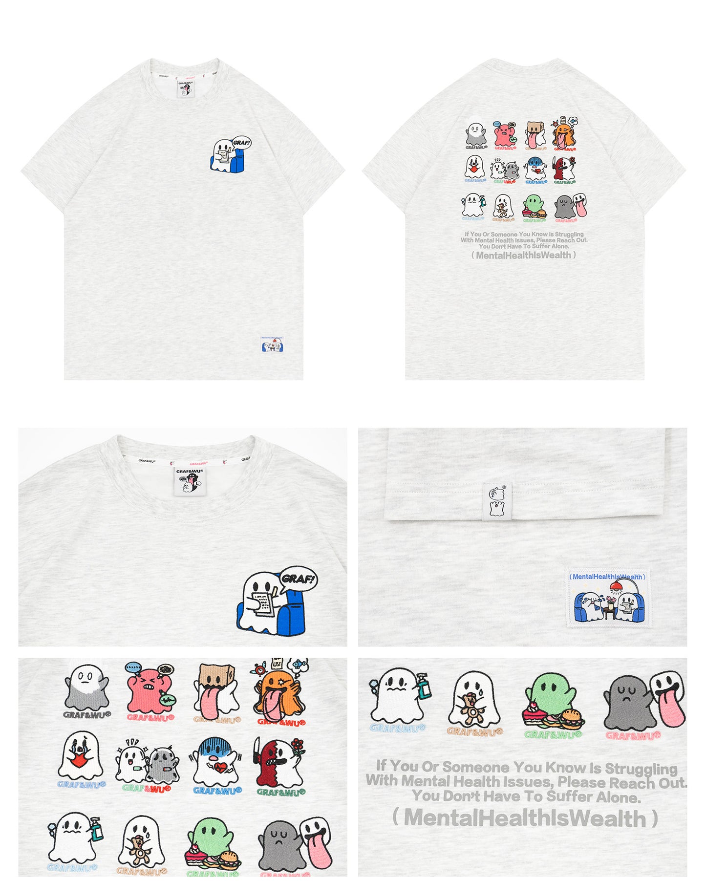 GRAF&WU 12 Mental Healing Cute Ghost Characters T-shirts