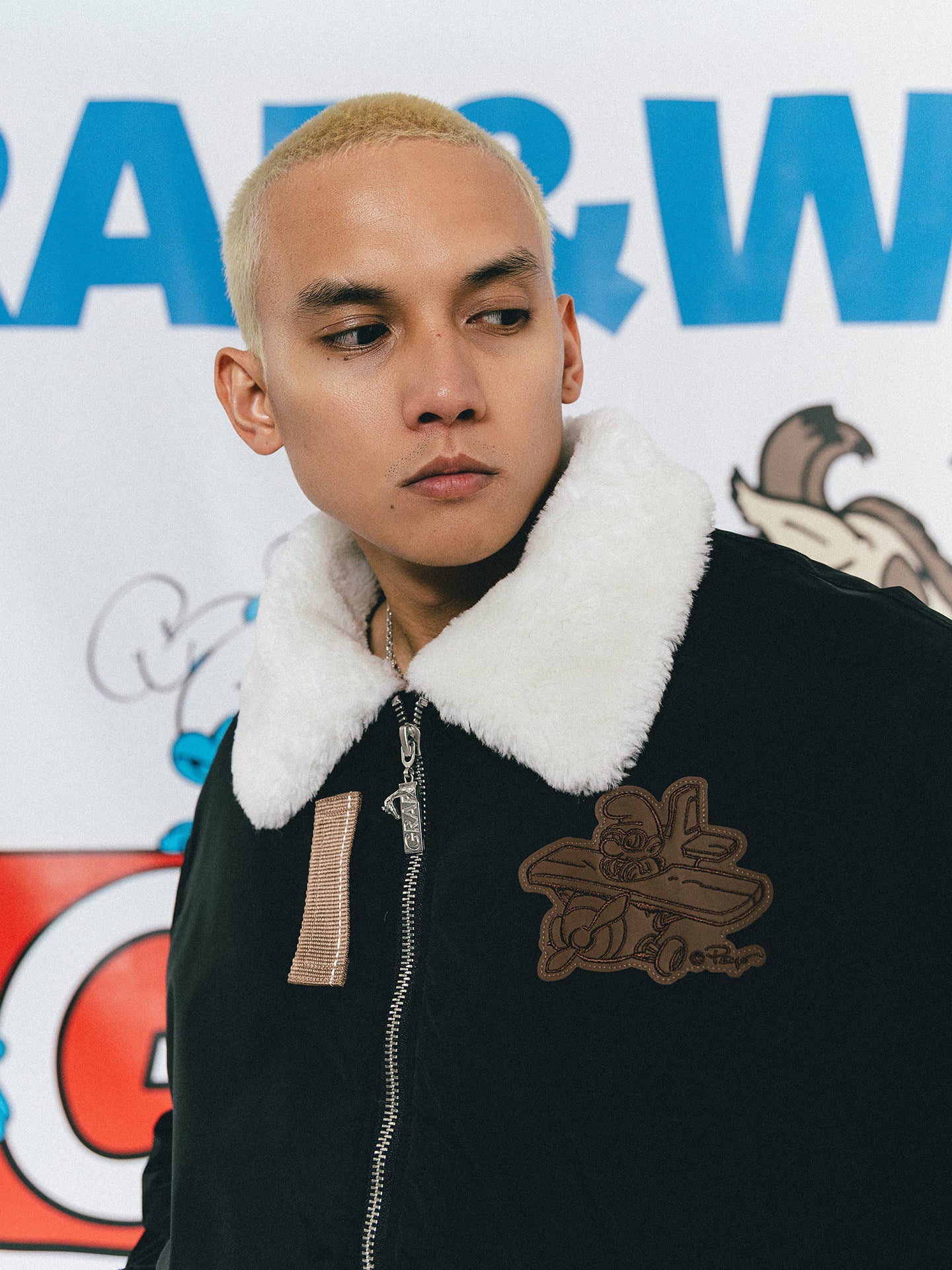 GRAF X SMURF Collaboration Fashion Fur Collar Thick Bomber Jacket