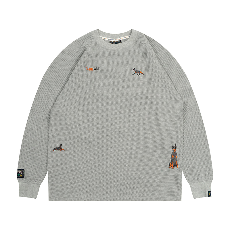 GRAF&WU Running Doberman Embroidery Waffle Cotton Long Sleeve Shirt