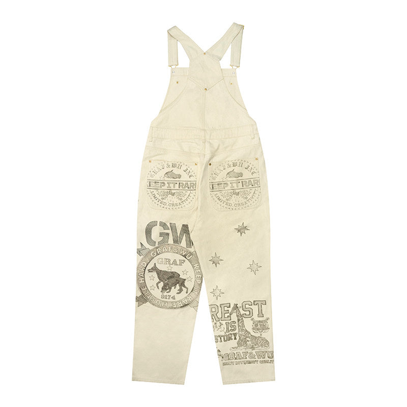 GRAF&WU Vintage Distressed Floral Giraffe Goddess Blessing Barn Canvas Overalls
