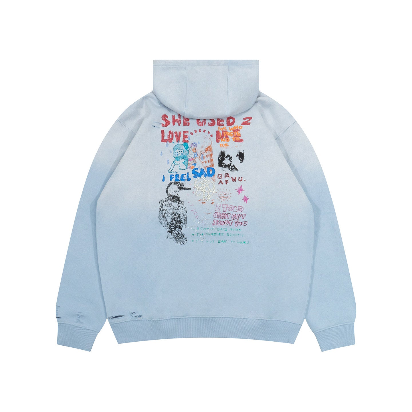 GRAF&WU Graffiti Red Rhinestones Pearl Vintage Faded Distressed Hoodie